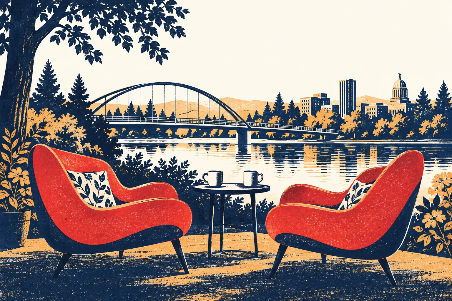 An original illustration of two red chairs beside the river, ready for a conversation